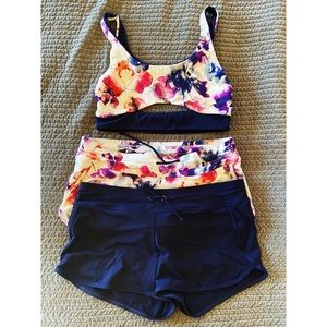 Athleta swim crop top and 2 swim shorts - reversible watercolor flowers and navy